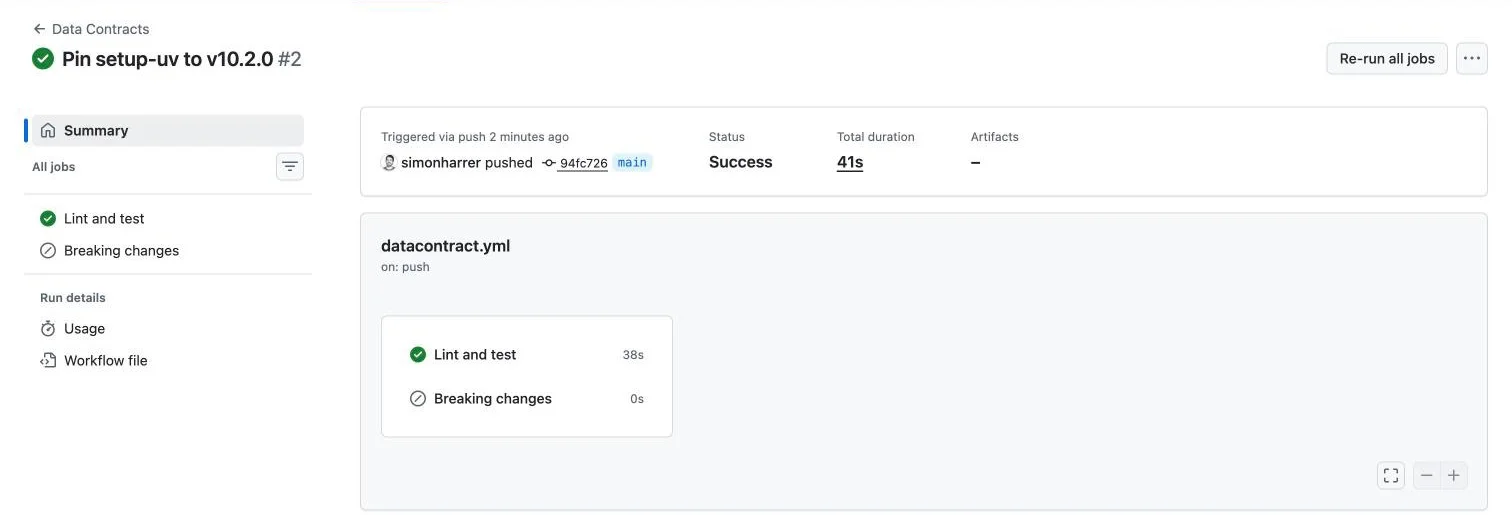 The workflow run in the Actions tab: both jobs, triggered by a push to main