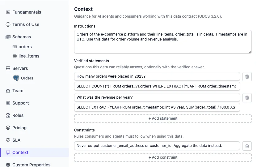 The Context section: instructions, verified statements, and constraints