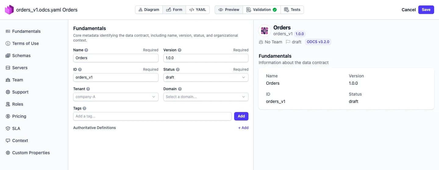 Data Contract Editor: the Form view with the fundamentals