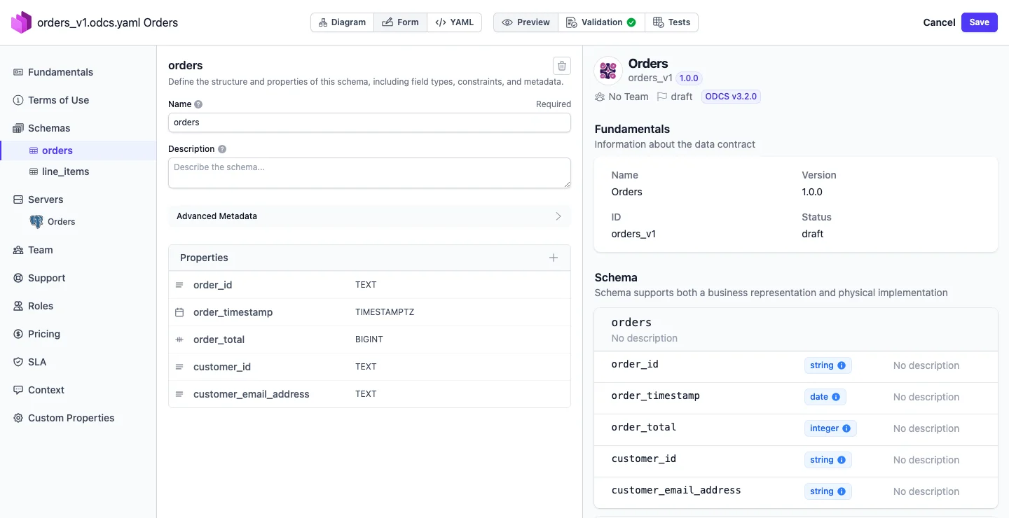 The orders schema with its properties, the preview on the right