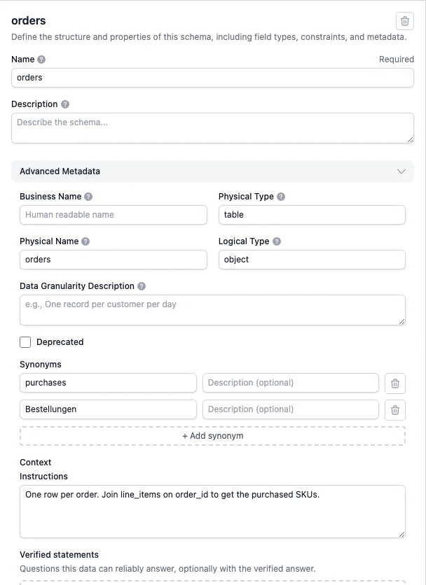 Synonyms and schema-level context under Advanced Metadata